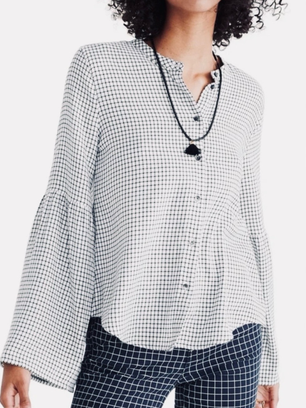 Madewell Collarless Button Down Blouse Long Sleeve Small Windowpane Black Plaid